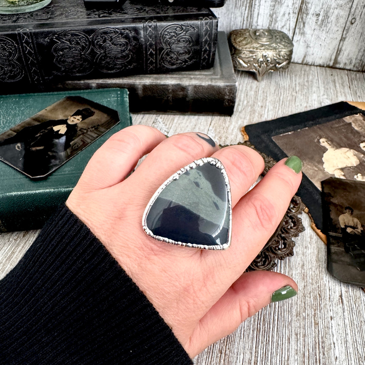 The Colossal Collection - Spiderweb Obsidian Crystal Ring Fine Silver Size 9.5 / Foxlark Collection - One of a Kind FOXLARK