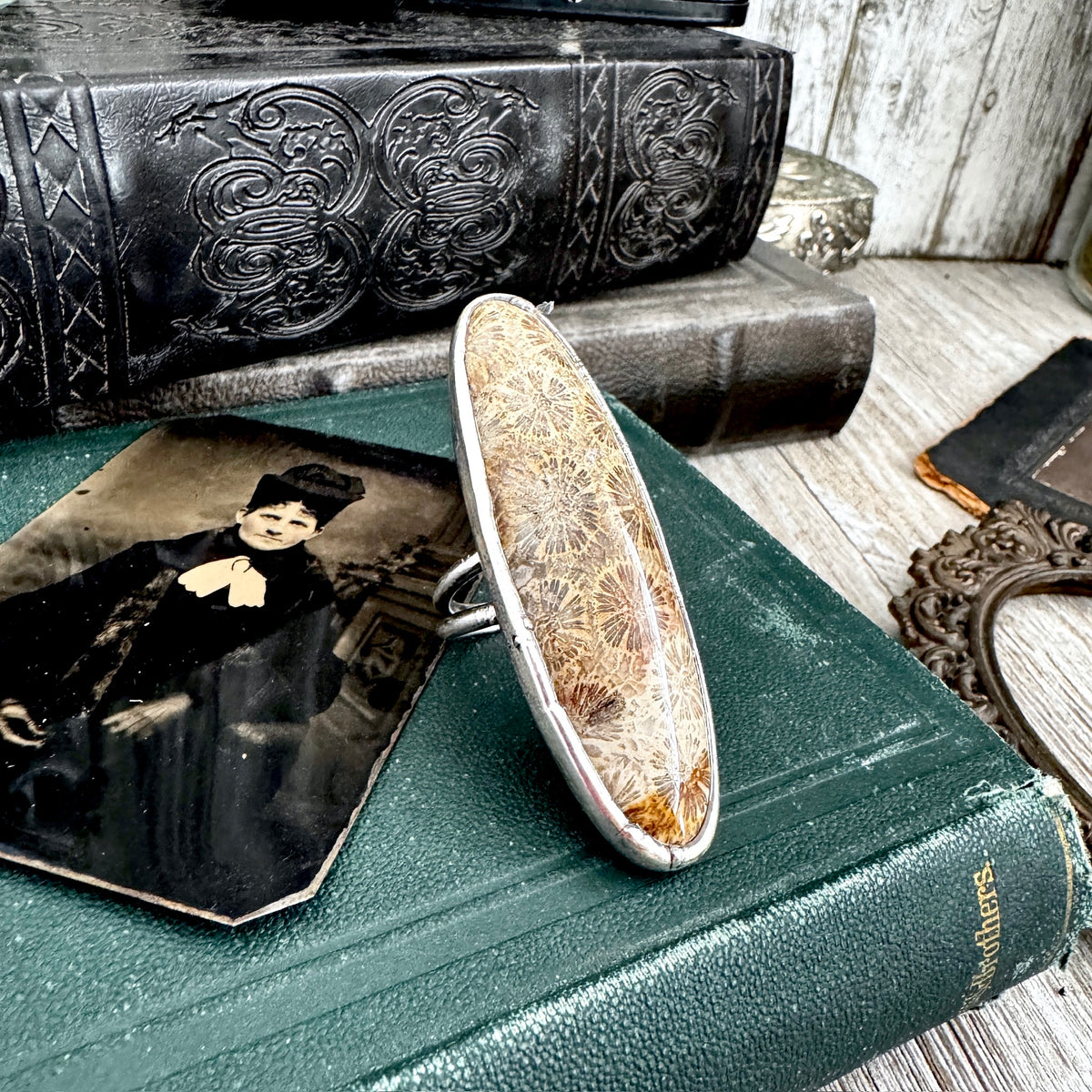 The Colossal Collection - Fossilized Coral Crystal Ring Fine Silver Size 10 / Foxlark Collection - One of a Kind FOXLARK
