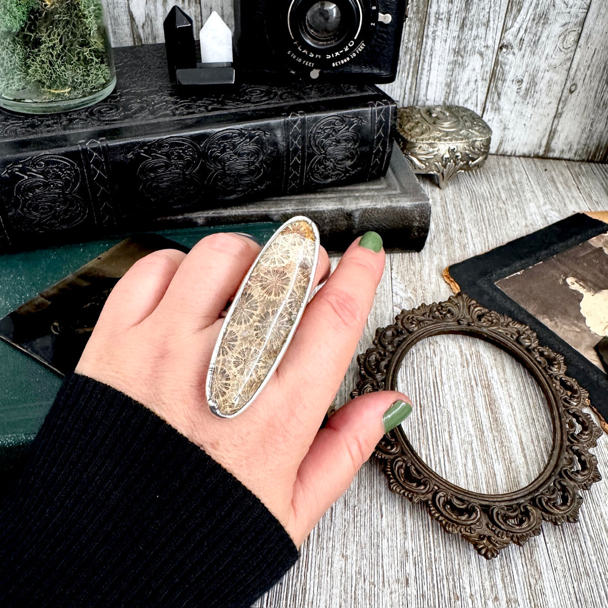 The Colossal Collection - Fossilized Coral Crystal Ring Fine Silver Size 10 / Foxlark Collection - One of a Kind FOXLARK