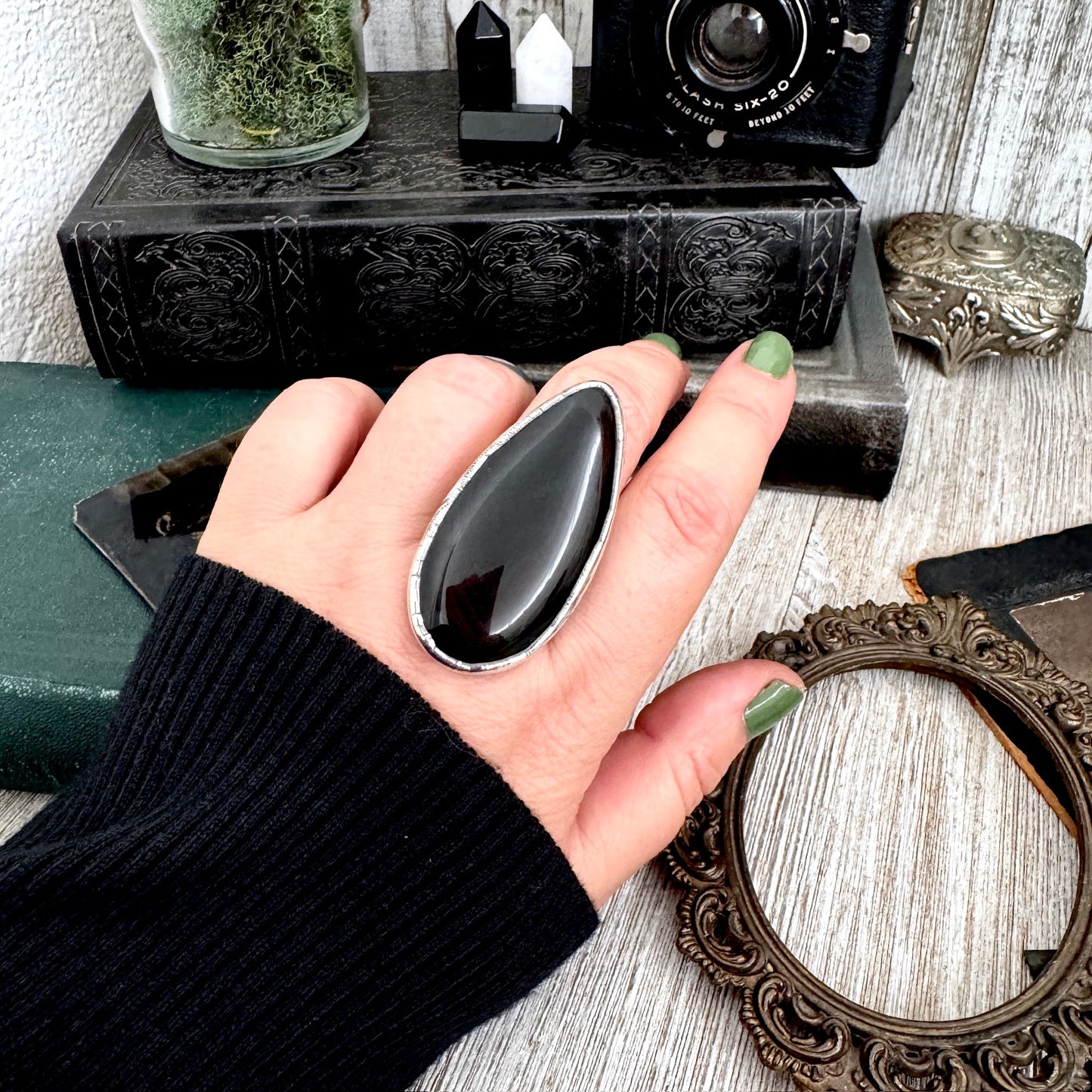 The Colossal Collection - Black Agate Crystal Ring Fine Silver Size 9 / Foxlark Collection - One of a Kind FOXLARK