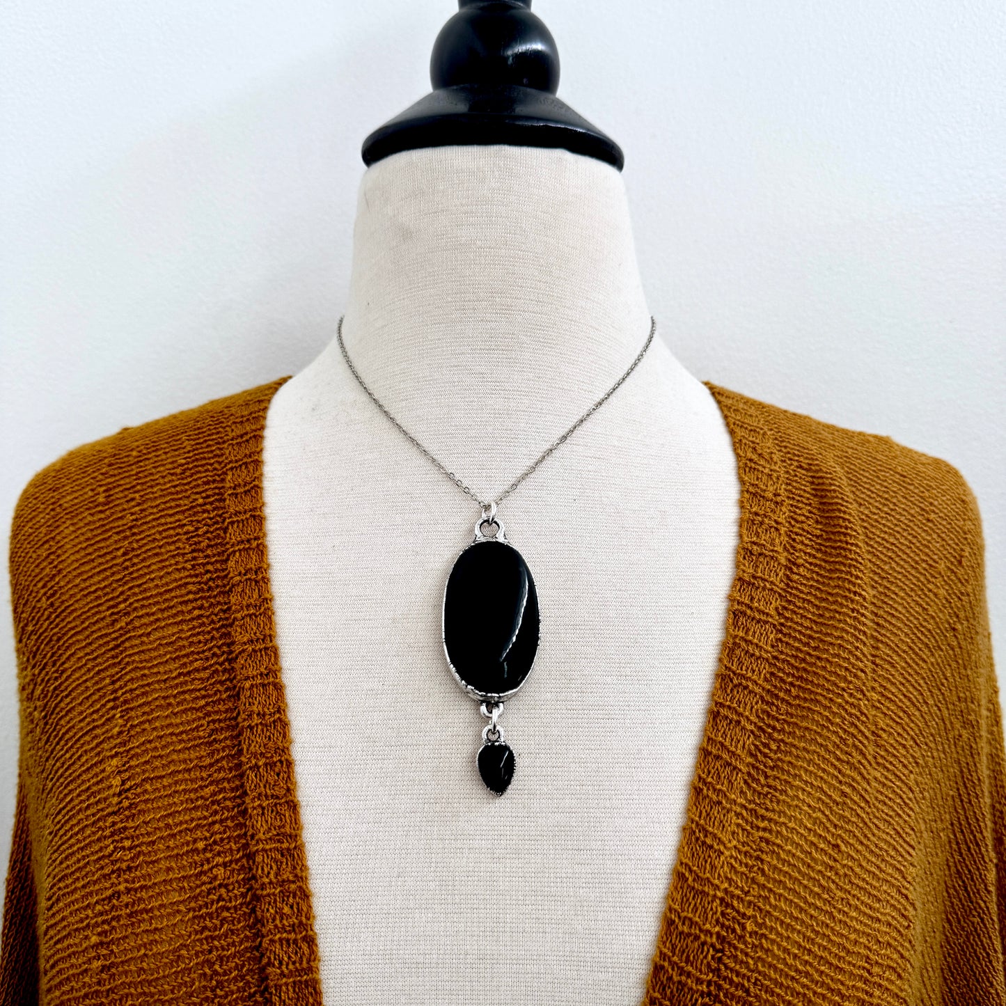 The Colossal Collection - Black Obsidian and Black Onyx Dangly Crystal Necklace in Fine Silver / One of a Kind