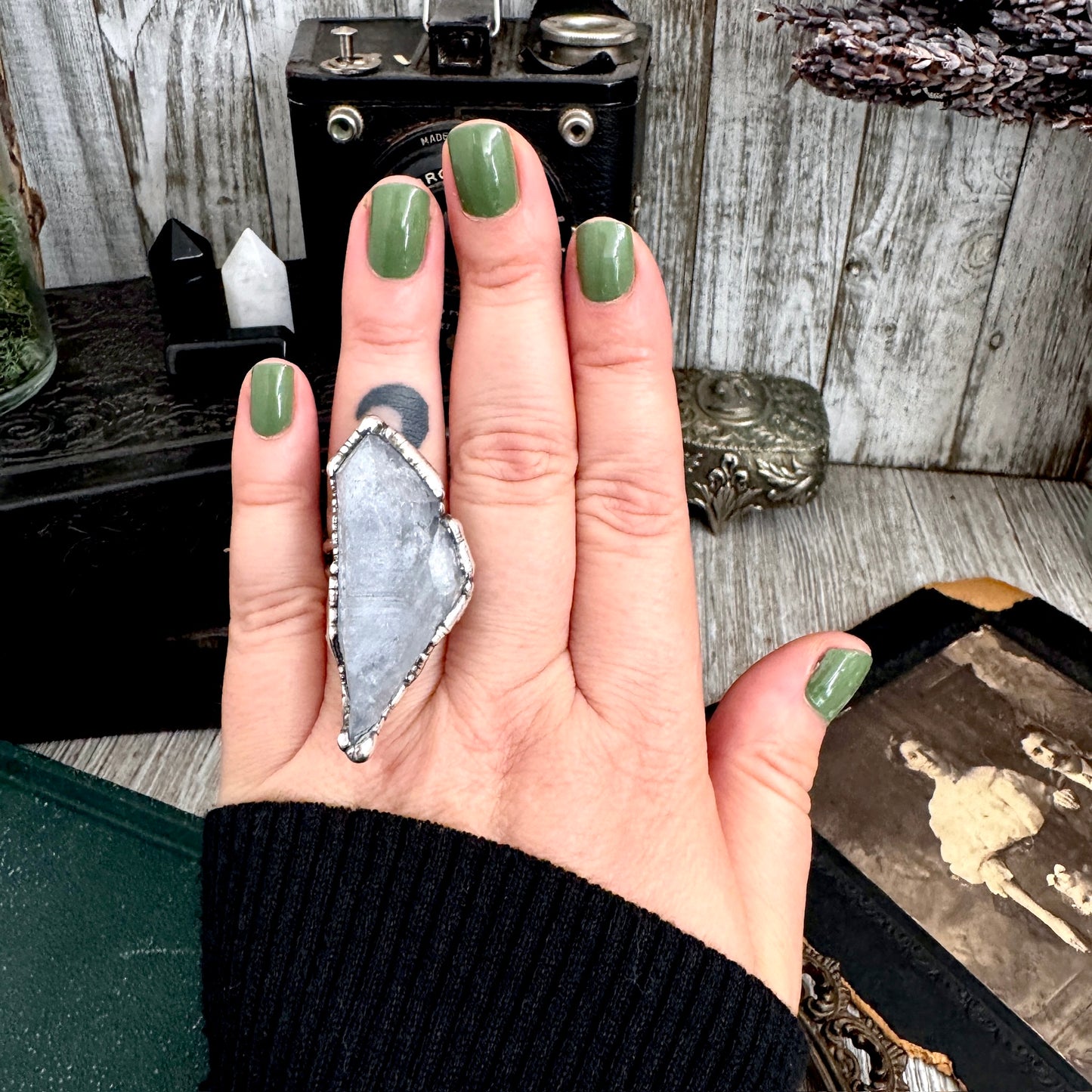 The Colossal Collection - Aqua Aura Quartz Crystal Ring Set in Fine Silver Size 8 / One of a Kind FOXLARK