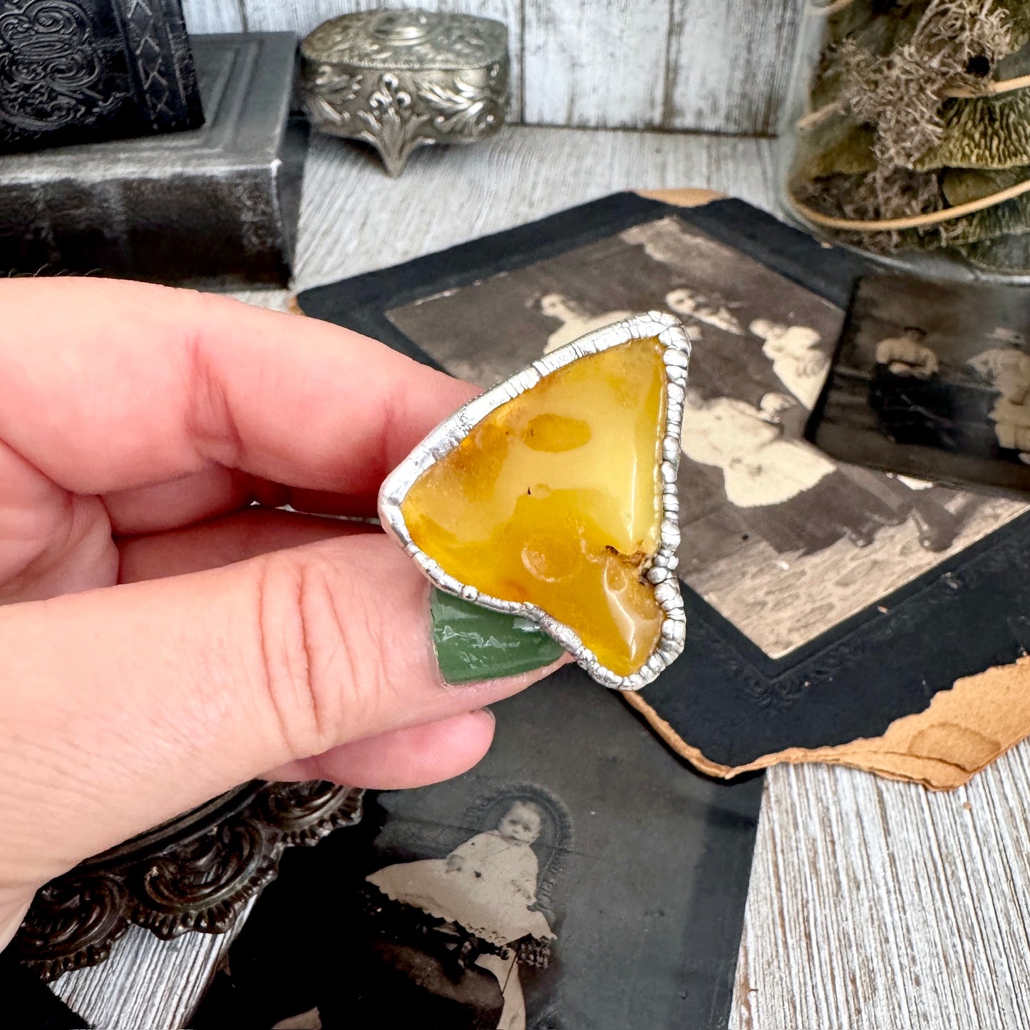 The Colossal Collection - Raw Baltic Amber Crystal Ring Fine Silver Size 8 / One of a Kind FOXLARK