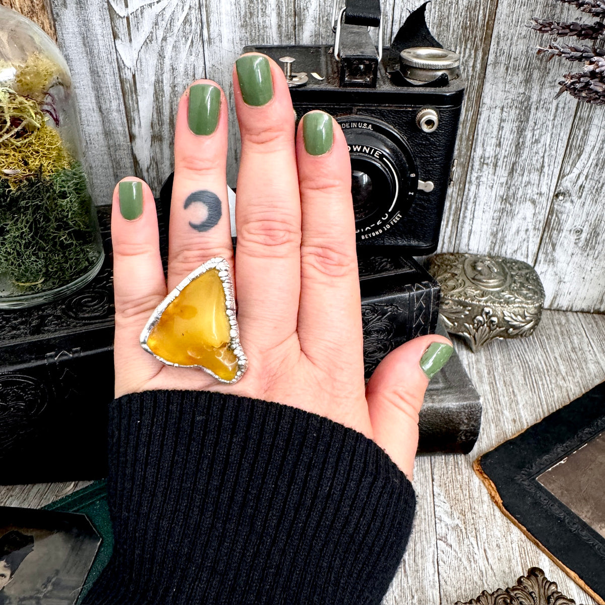 The Colossal Collection - Raw Baltic Amber Crystal Ring Fine Silver Size 8 / One of a Kind FOXLARK