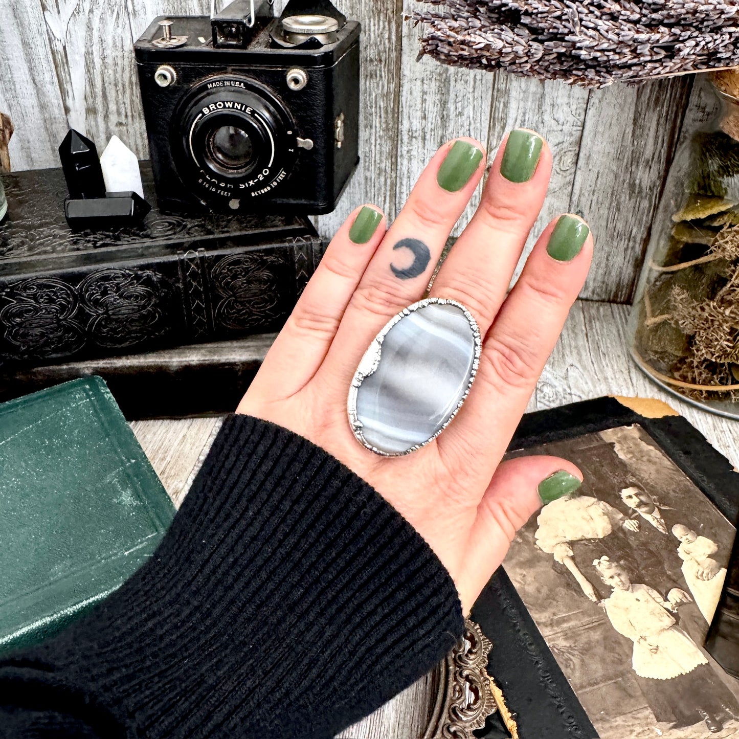The Colossal Collection - Blue Banded Agate Crystal Ring Set in Fine Silver Size 11 / One of a Kind FOXLARK