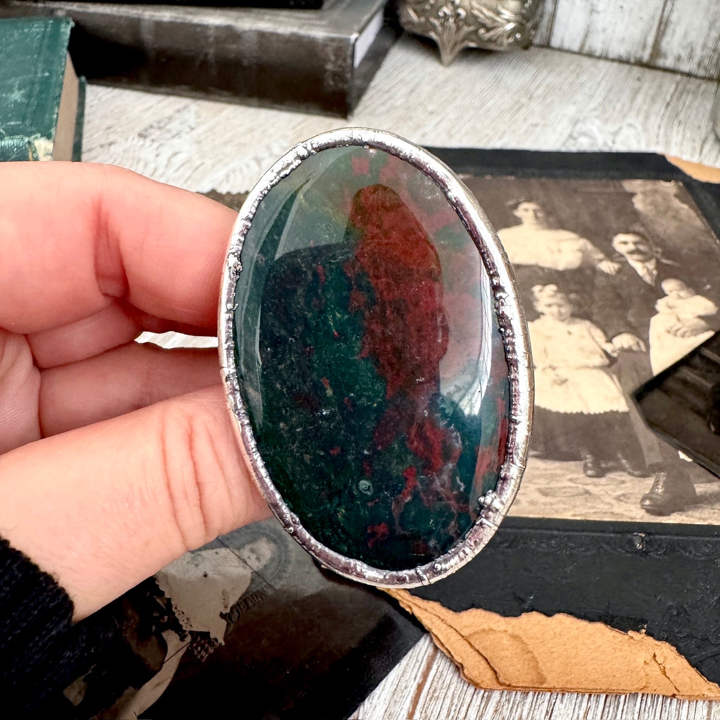 The Colossal Collection - Bloodstone Crystal Statement Ring Size 9 Fine Silver / One Of A Kind FOXLARK