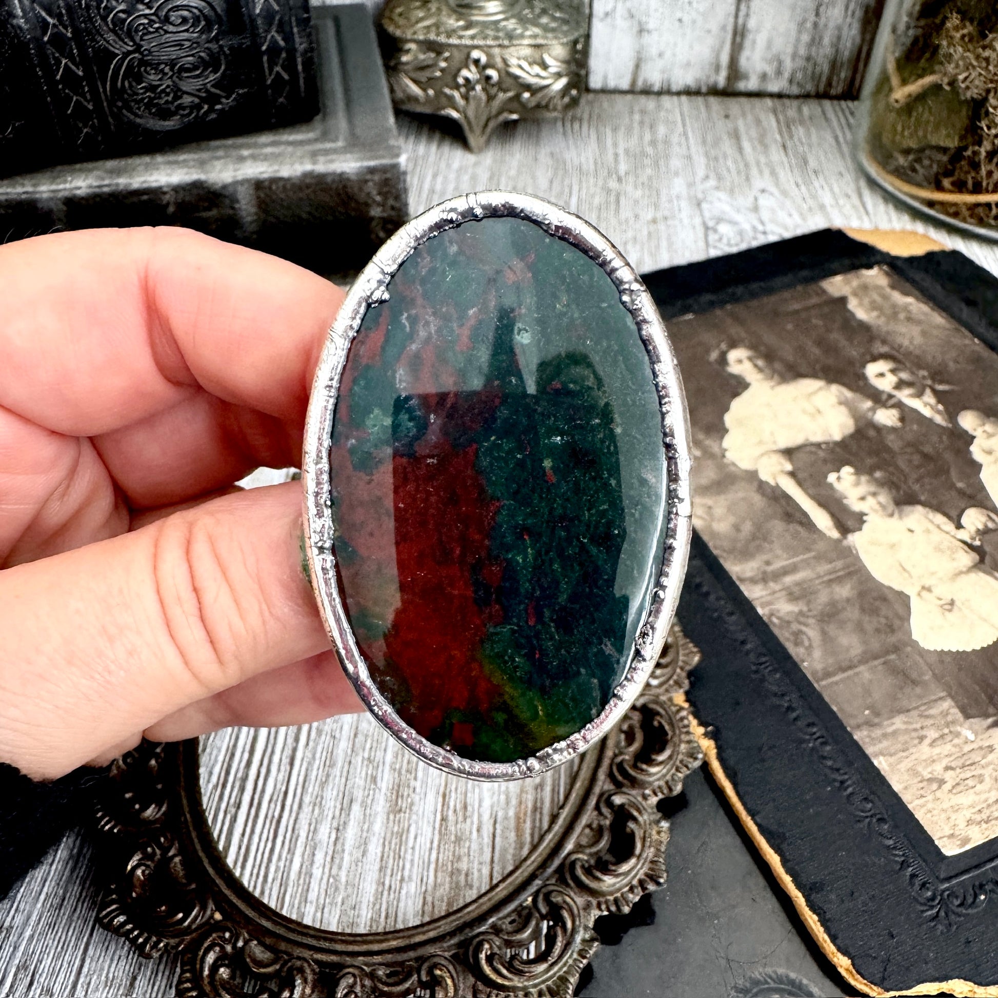 The Colossal Collection - Bloodstone Crystal Statement Ring Size 9 Fine Silver / One Of A Kind FOXLARK