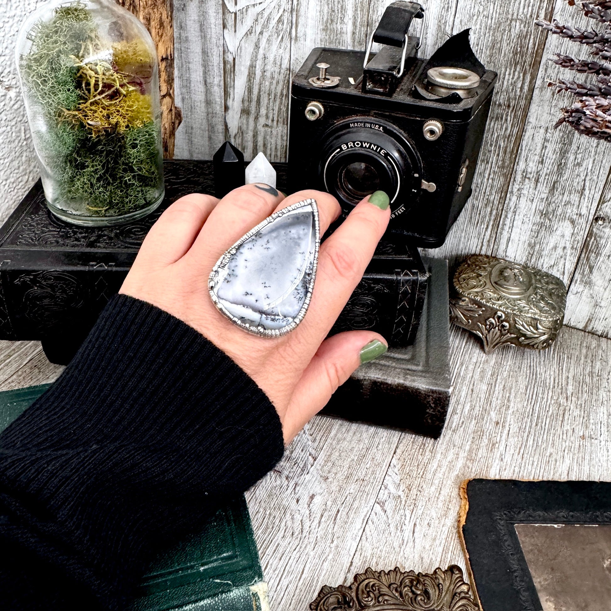 The Colossal Collection -Dendritic Agate Crystal Ring Set in Fine Silver Size 10 / One of a Kind FOXLARK