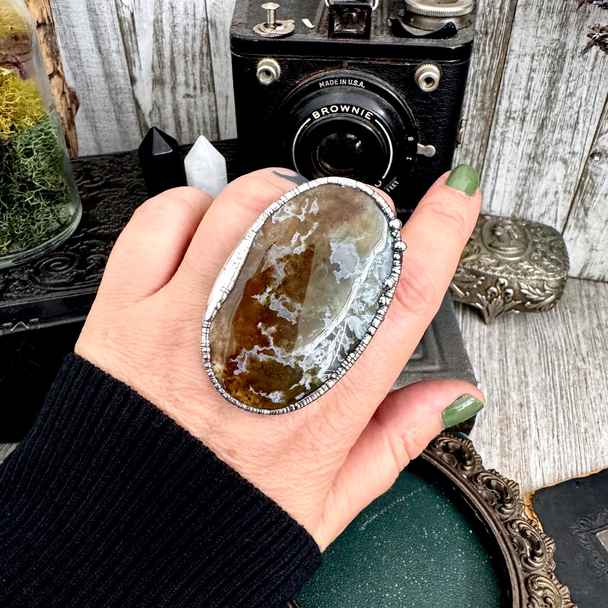 The Colossal Collection - Fancy Moss Agate Crystal Ring Fine Silver Size 9 / Foxlark Collection - One of a Kind FOXLARK