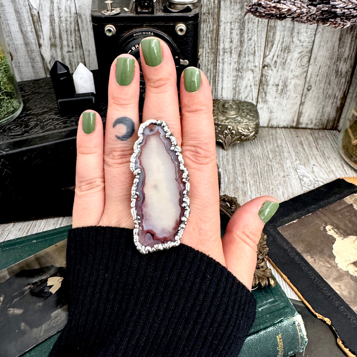 The Colossal Collection - Agate Slice Crystal Ring Fine Silver Size 9.5 / One of a Kind FOXLARK