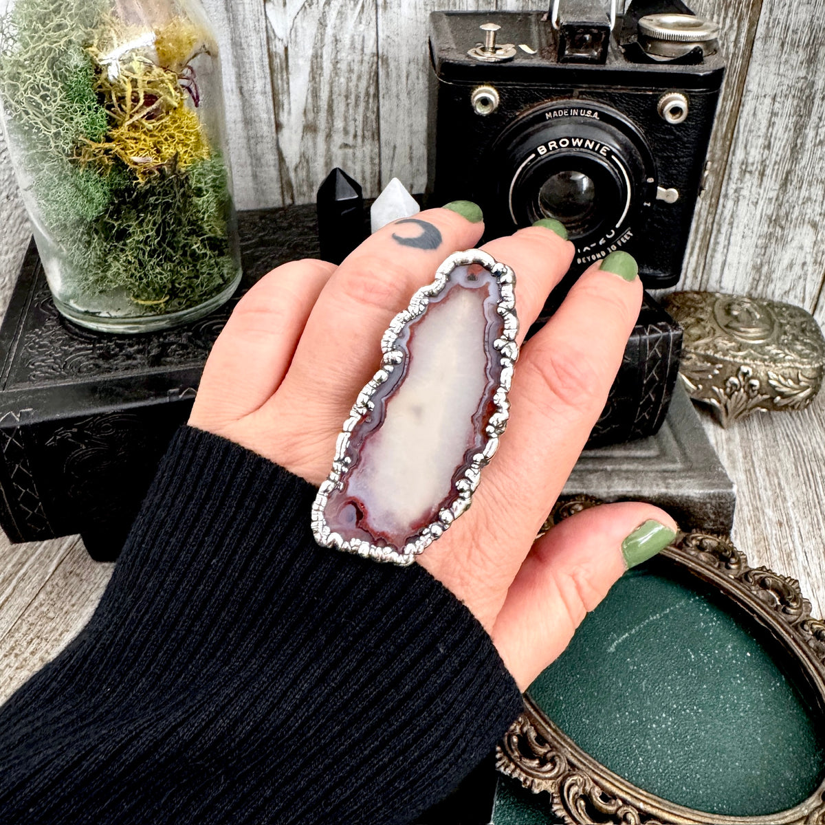The Colossal Collection - Agate Slice Crystal Ring Fine Silver Size 9.5 / One of a Kind FOXLARK