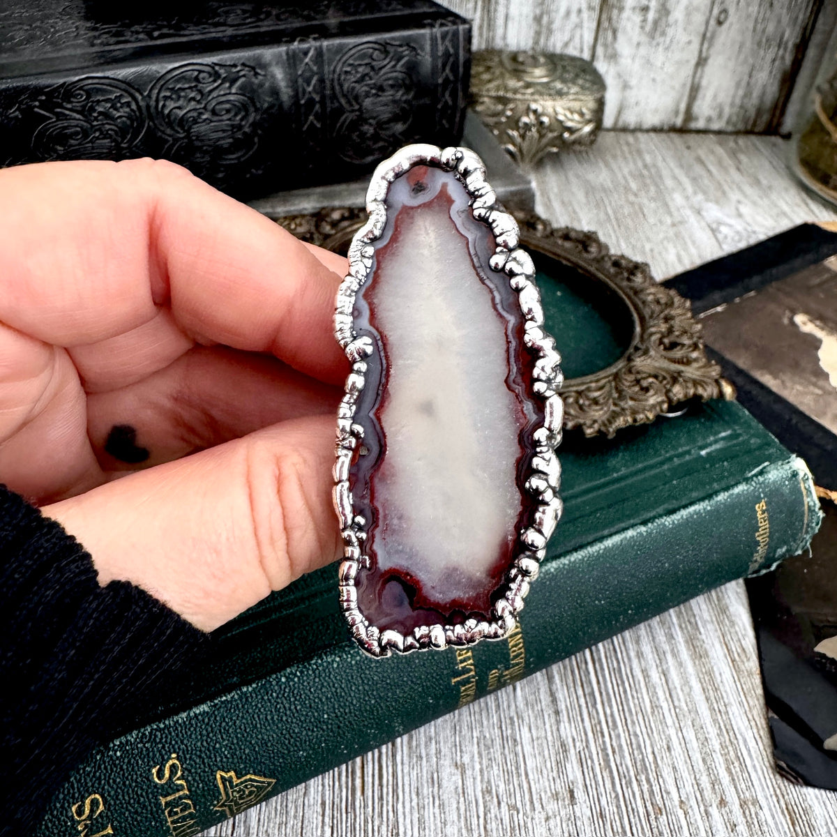 The Colossal Collection - Agate Slice Crystal Ring Fine Silver Size 9.5 / One of a Kind FOXLARK