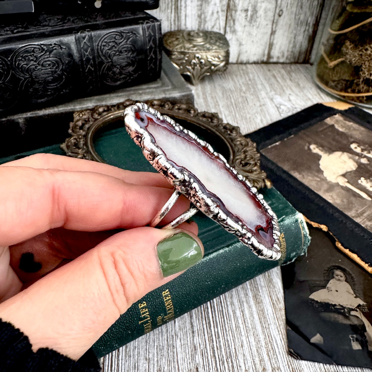 The Colossal Collection - Agate Slice Crystal Ring Fine Silver Size 9.5 / One of a Kind FOXLARK