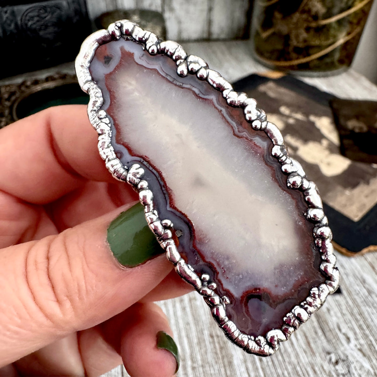 The Colossal Collection - Agate Slice Crystal Ring Fine Silver Size 9.5 / One of a Kind FOXLARK
