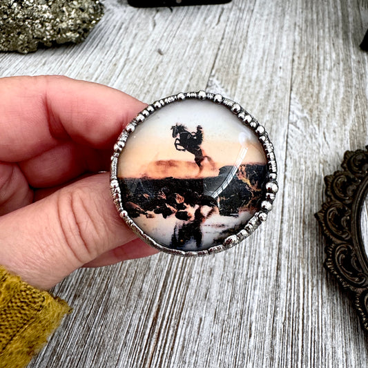 Road To Nowhere  - Vintage Cowboy On Horse Reflection Ring Fine Silver Size 8 / One of a Kind