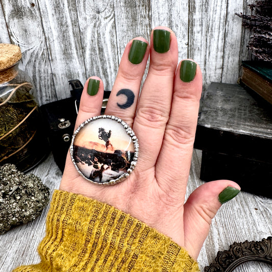 Road To Nowhere  - Vintage Cowboy On Horse Reflection Ring Fine Silver Size 8 / One of a Kind