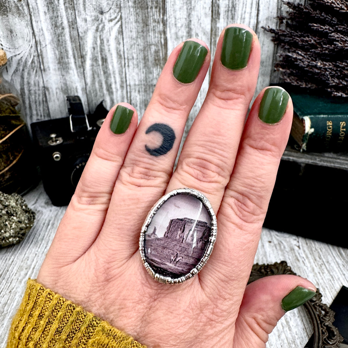 Road To Nowhere  - Cowboy on Horse in Desert Ring Fine Silver Size 9 / One of a Kind