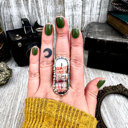 Road To Nowhere - Gas Station Last Stop Road Sign Ring Fine Silver Size 9 / One of a Kind