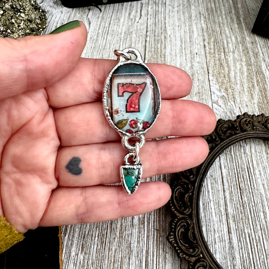 lucky 7 slot machine necklace with turquoise charm, vegas charm necklace in fine silver