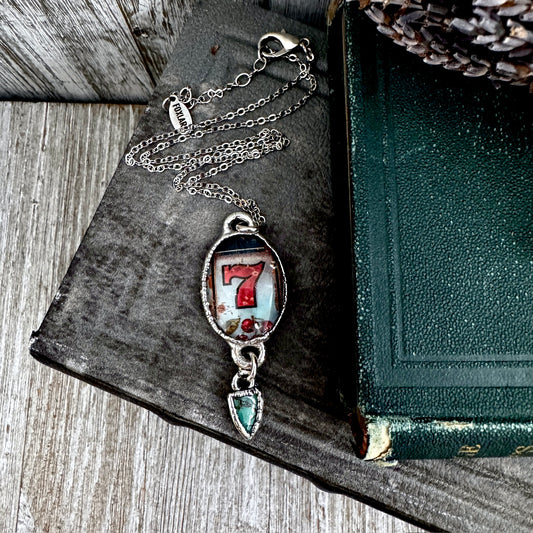 Road To Nowhere - Lucky Number 7 / Slot Machine With Turquoise Charm Necklace Fine Silver - One of a Kind
