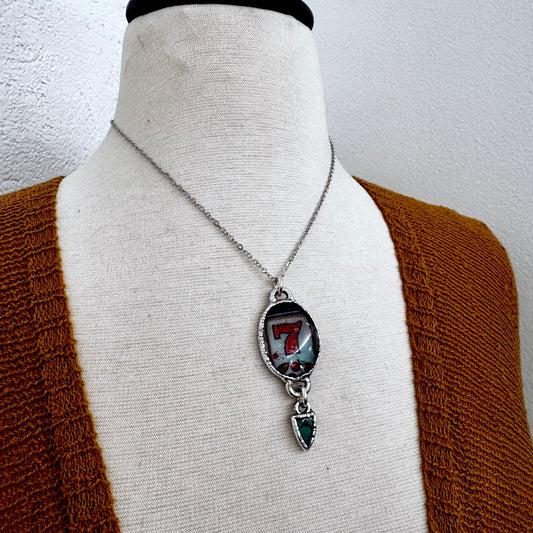lucky 7 slot machine necklace with turquoise charm, vegas charm necklace in fine silver