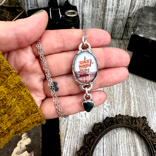 gas station road sign necklace, western pendant necklace in fine silver