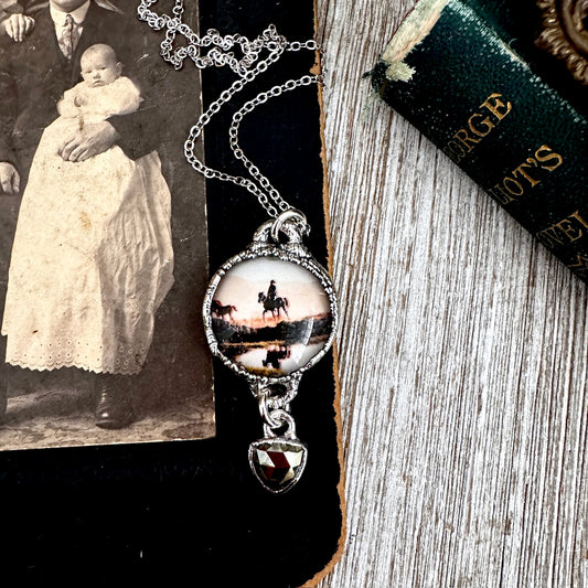 Vintage cowboy on horse necklace with pyrite charm, fine silver jewelry by FOXLARK, one of a kind, detailed and artistic design.