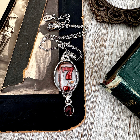 Road To Nowhere - Lucky Number 7 / Slot Machine With Garnet Charm Necklace Fine Silver - One of a Kind
