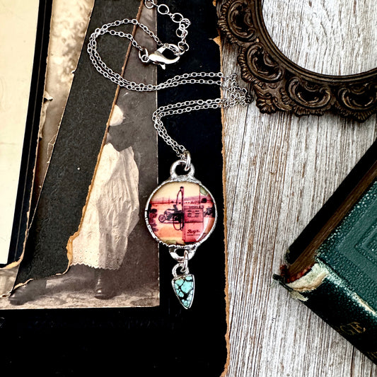 Road To Nowhere - Vintage Motorcycle / Gas Pump With Turquoise Charm Necklace Fine Silver - One of a Kind