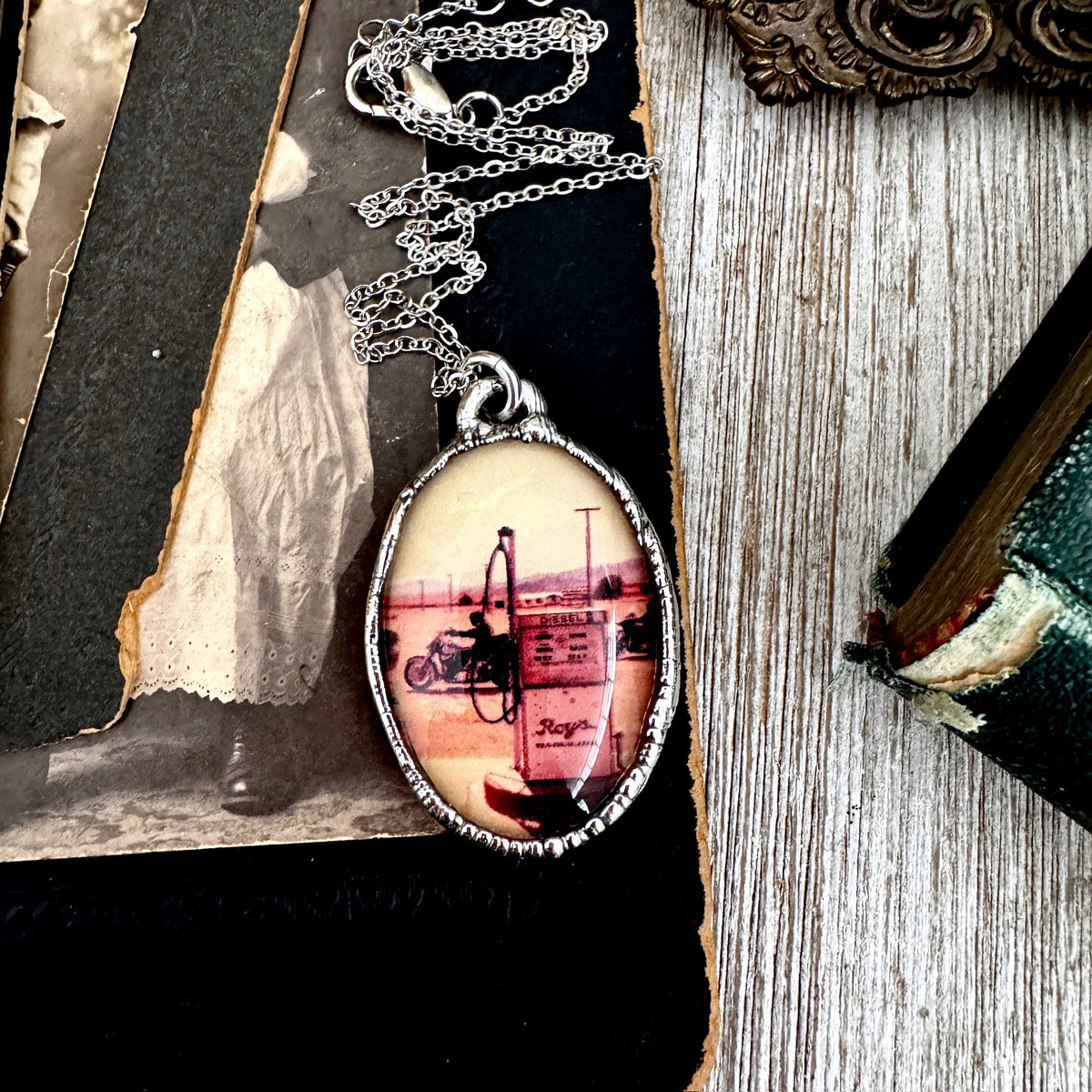 Road To Nowhere - Vintage Motorcycle / Gas Pump Necklace Fine Silver - One of a Kind