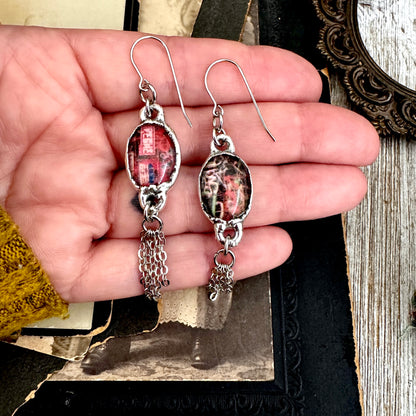 Road To Nowhere - Mismatched Dive Bar Graffiti Fine Silver Long Fringe Earrings