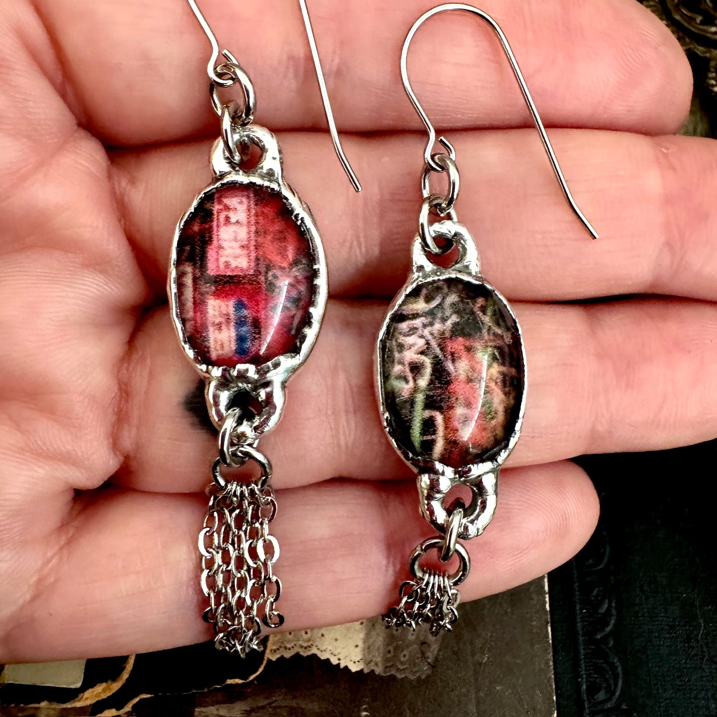 Road To Nowhere - Mismatched Dive Bar Graffiti Fine Silver Long Fringe Earrings