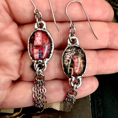 Road To Nowhere - Mismatched Dive Bar Graffiti Fine Silver Long Fringe Earrings
