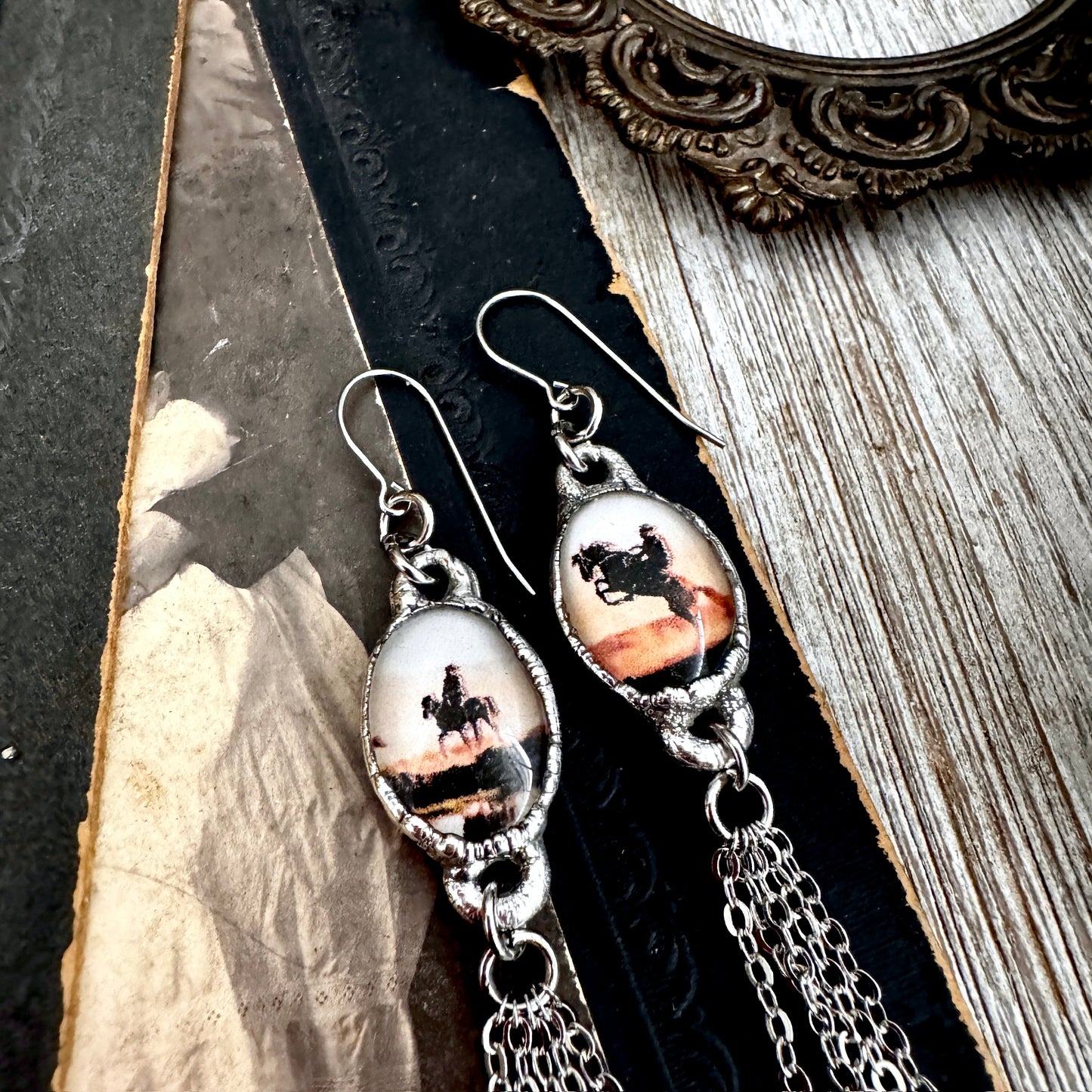 Road To Nowhere - Mismatched Vintage Cowboy On Horse Fine Silver Long Fringe Earrings