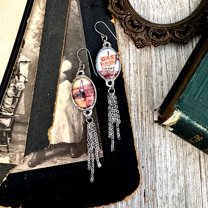 Road To Nowhere - Mismatched Large Gas Station Road Sign Motorcycle Gas Pump Fine Silver Long Fringe Earrings