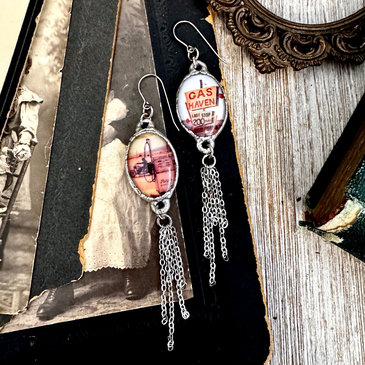 Road To Nowhere - Mismatched Large Gas Station Road Sign Motorcycle Gas Pump Fine Silver Long Fringe Earrings
