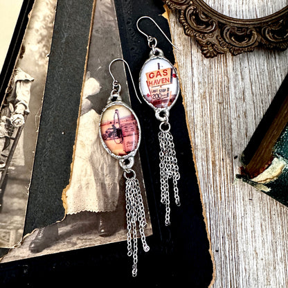Road To Nowhere - Mismatched Large Gas Station Road Sign Motorcycle Gas Pump Fine Silver Long Fringe Earrings