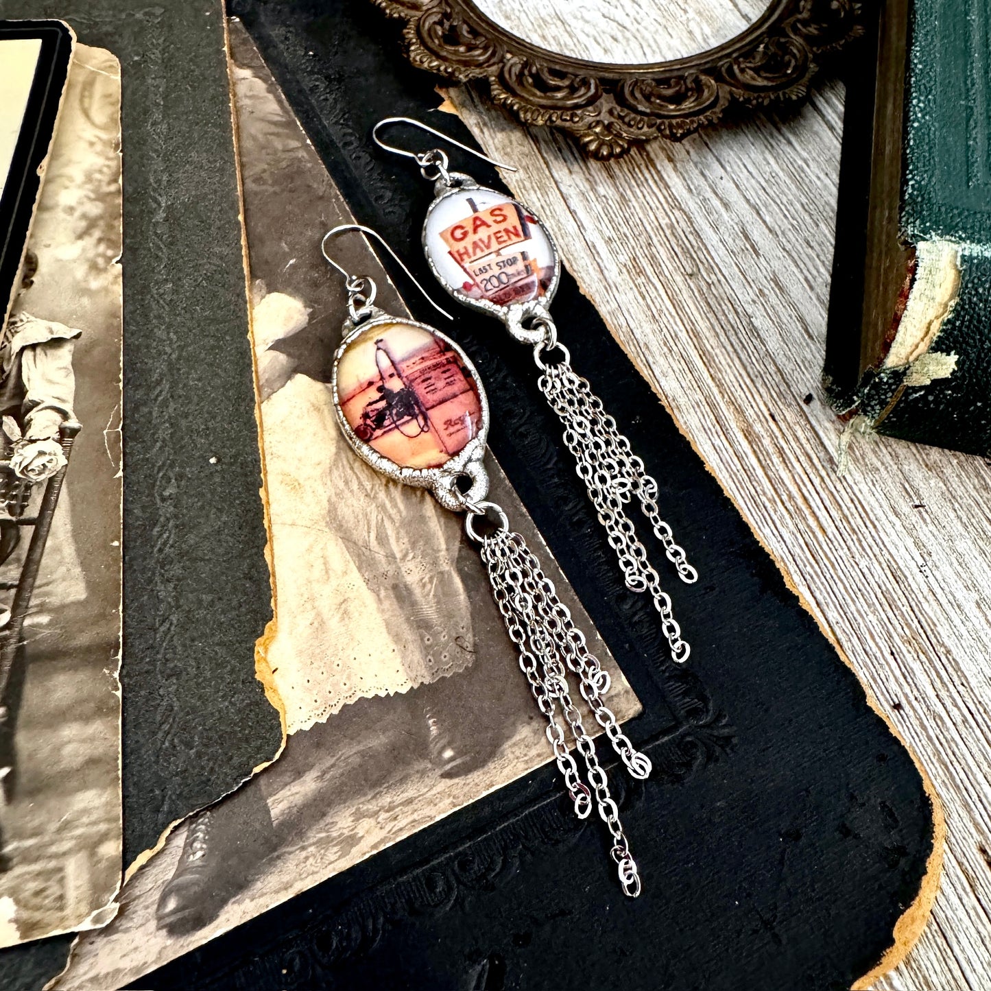 Road To Nowhere - Mismatched Large Gas Station Road Sign Motorcycle Gas Pump Fine Silver Long Fringe Earrings