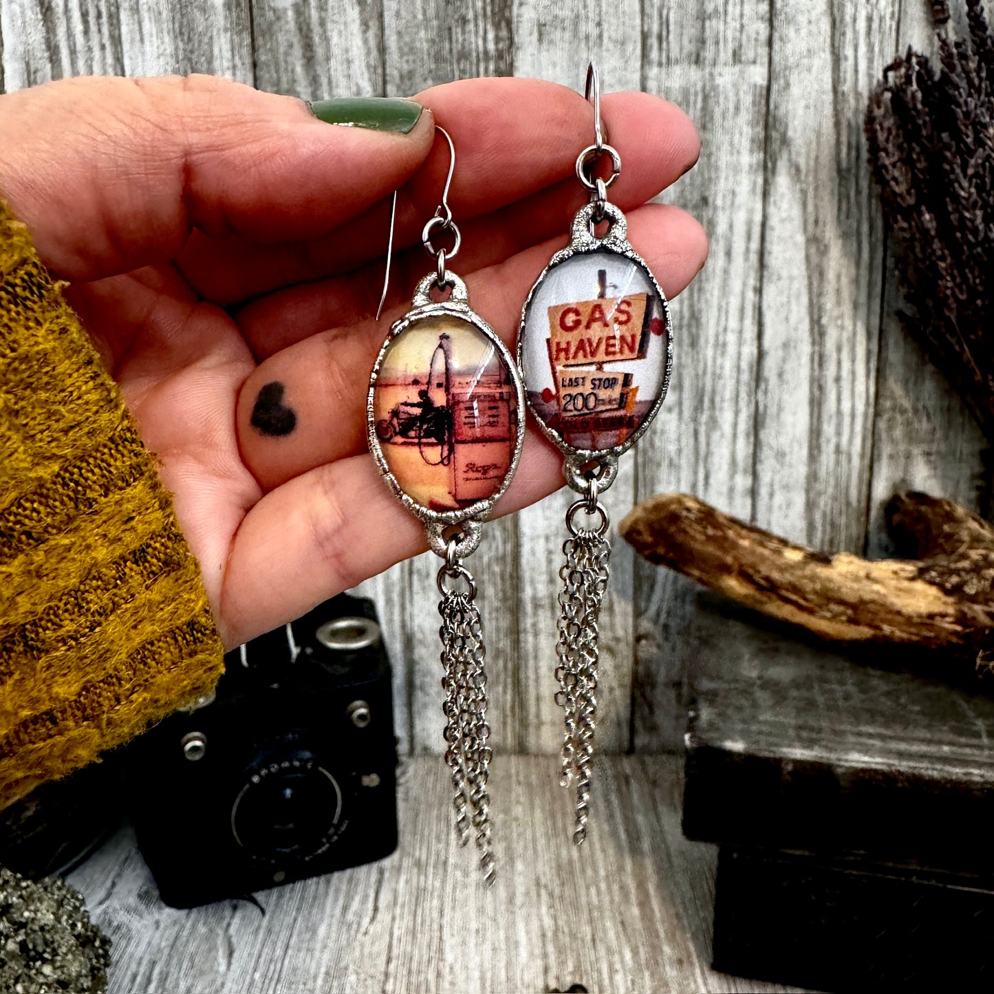 Road To Nowhere - Mismatched Large Gas Station Road Sign Motorcycle Gas Pump Fine Silver Long Fringe Earrings