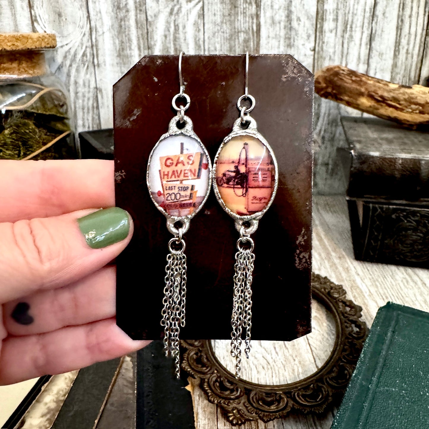 Road To Nowhere - Mismatched Large Gas Station Road Sign Motorcycle Gas Pump Fine Silver Long Fringe Earrings