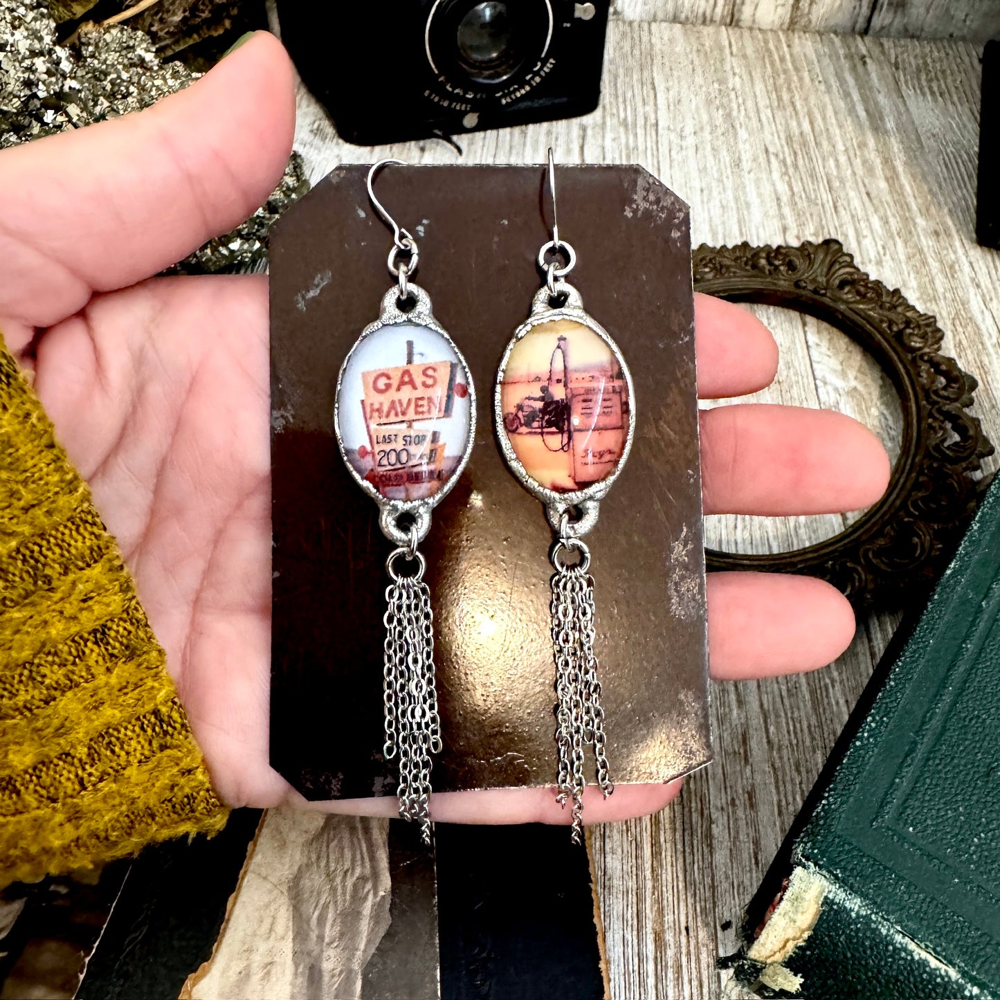Road To Nowhere - Mismatched Large Gas Station Road Sign Motorcycle Gas Pump Fine Silver Long Fringe Earrings