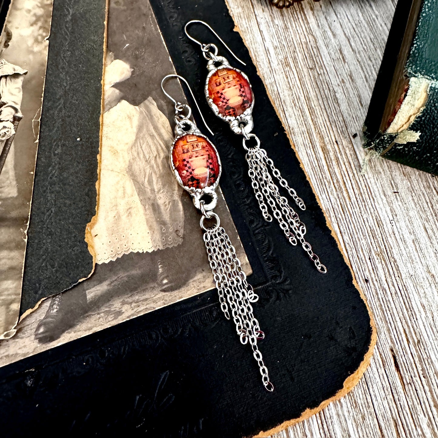 Road To Nowhere - Vintage Dive Bar Toilet Fine Silver Long Fringe Earrings