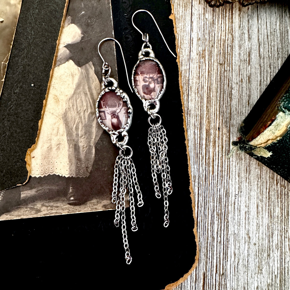 Road To Nowhere - Mismatched Vintage Bar / Deer Taxidermy  Fine Silver Long Fringe Earrings