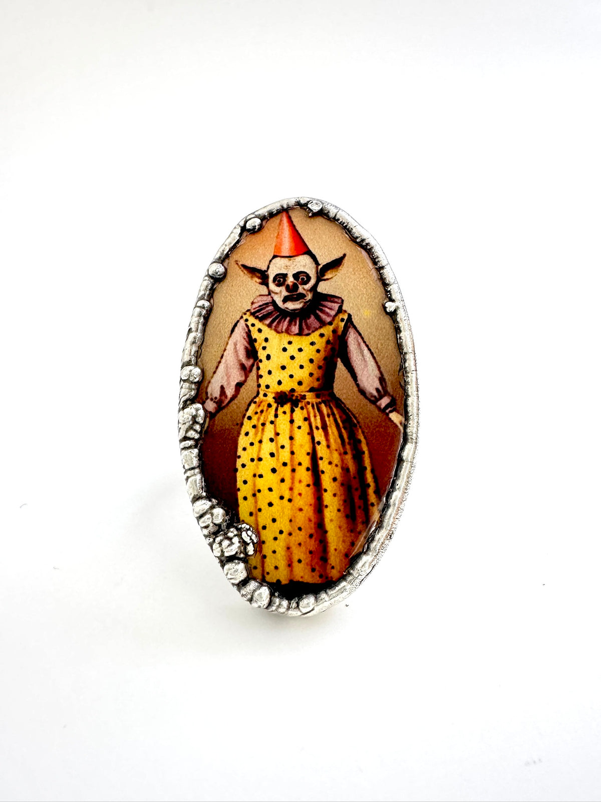 FOXLARK Clown Girl statement ring in fine silver, size 7.5 from The Weirdlings Collection, featuring a detailed clown girl design.