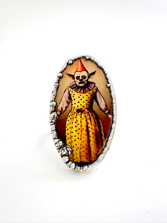 clown girl statement ring, fine silver, size 7.5