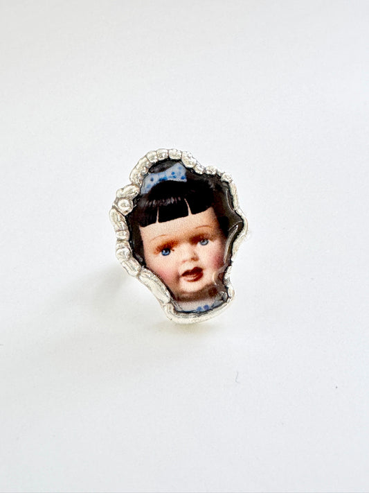blue bow doll head ring, fine silver, size 9