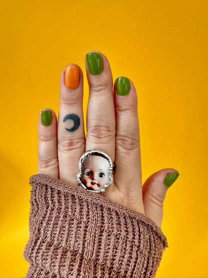 The Weirdlings Collection - Doll Head Ring | Size 9.5 | Fine Silver