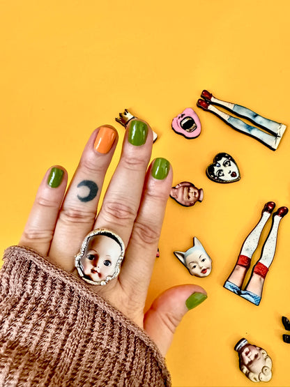 The Weirdlings Collection - Doll Head Ring | Size 9.5 | Fine Silver