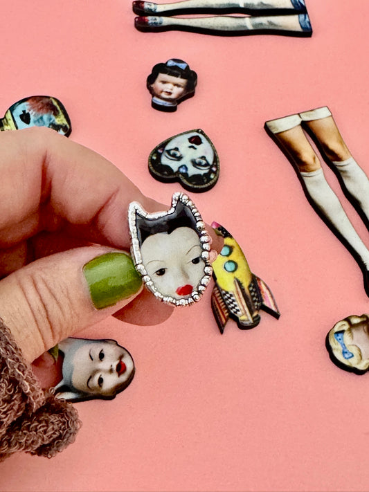 red lips doll head ring, fine silver, size 7