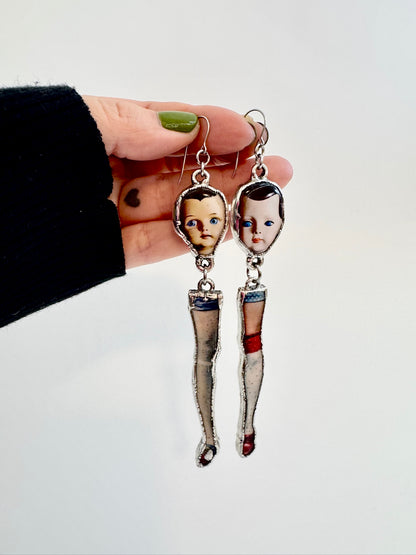 Mismatched Doll Head & Leg Earrings – Long Dangle Statement Earrings, Fine Silver | The Weirdlings Collection